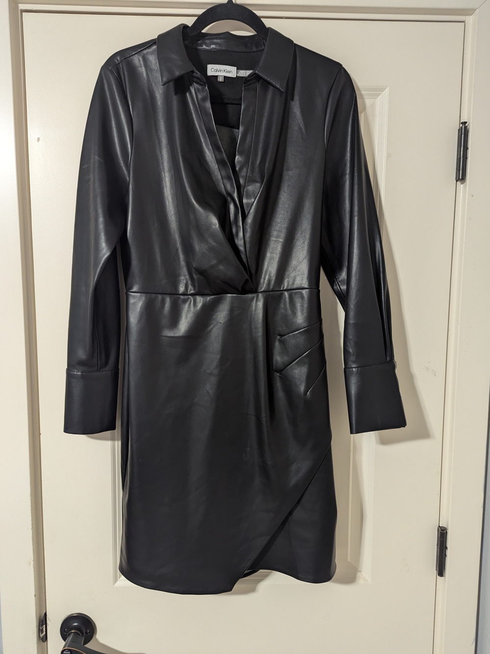 Calvin Klein Black Faux Leather Wrap-Front Dress Coat